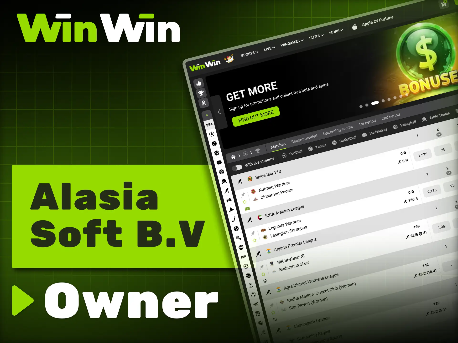 The ownership of the WinWin casino and betting platform belongs to Alasia Soft B.V.