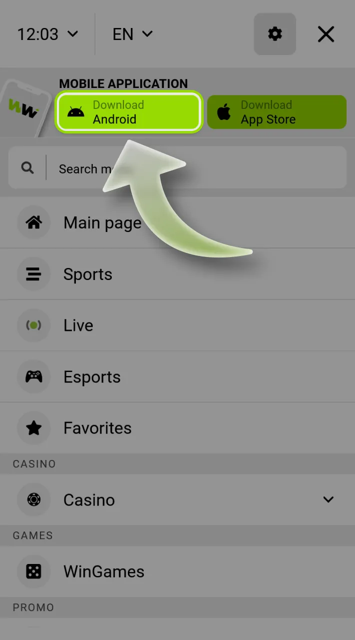 Find the app download button on the WinWin website.