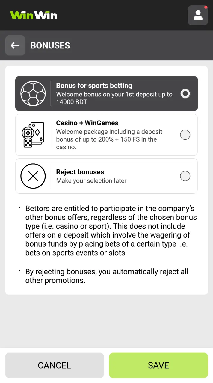 Pick your preferred WinWin welcome bonus for casino gaming or sports betting.