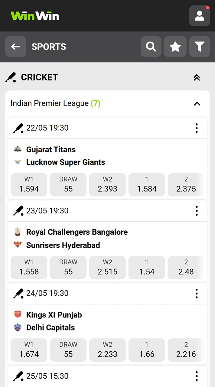 Go to the WinWin cricket section.