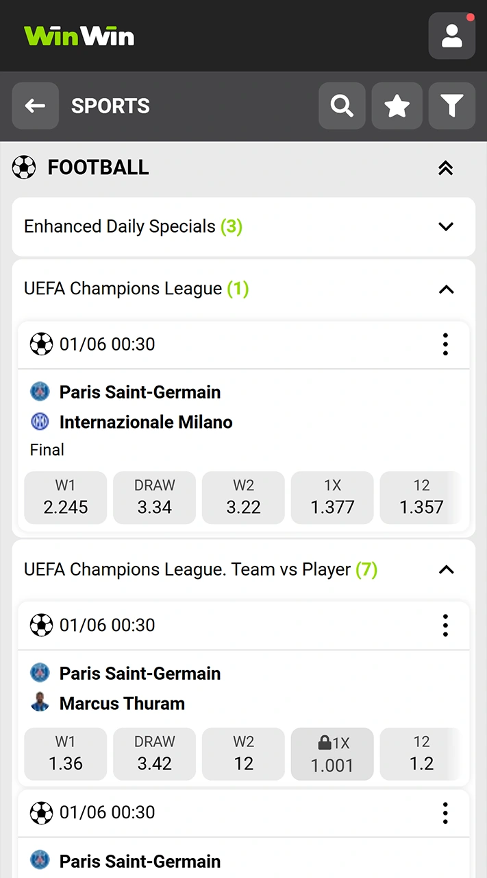 Select the football match you are interested in at WinWin.
