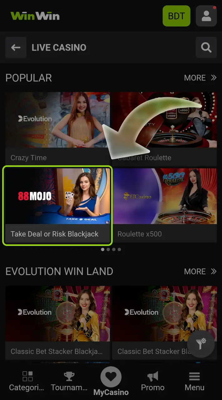 Find your preferred live dealer game among the selections at WinWin casino.