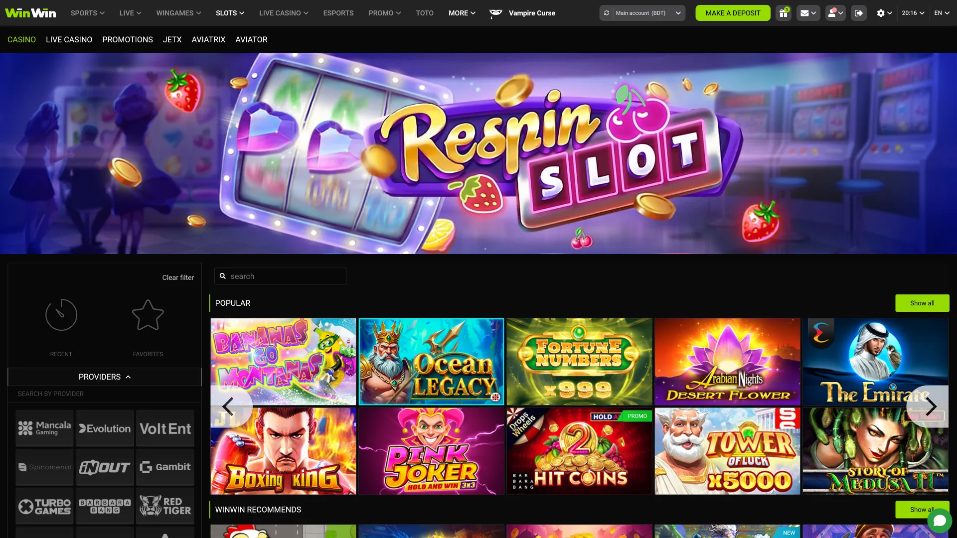 The casino section of WinWin provides a wide variety of games.