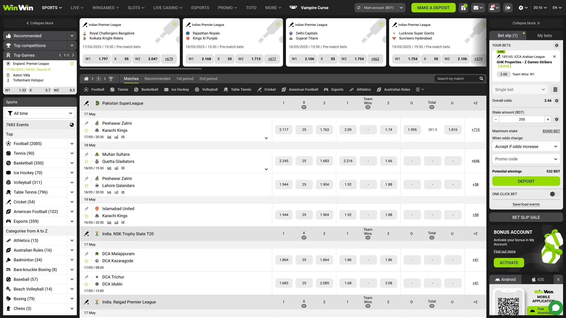 WinWin provides a straightforward and convenient sports betting section.