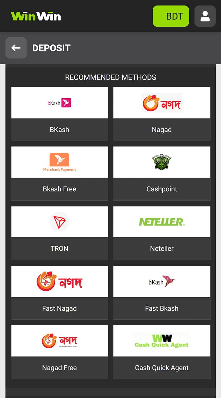 Select one of the payment methods available on WinWin.