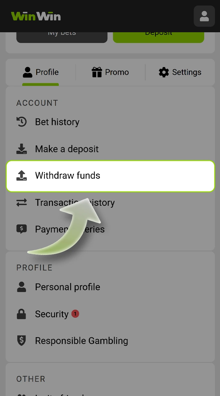Open the WinWin profile menu and go to the withdrawal section.