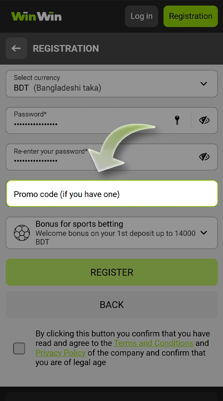 Enter the promo code in the WinWin registration form.