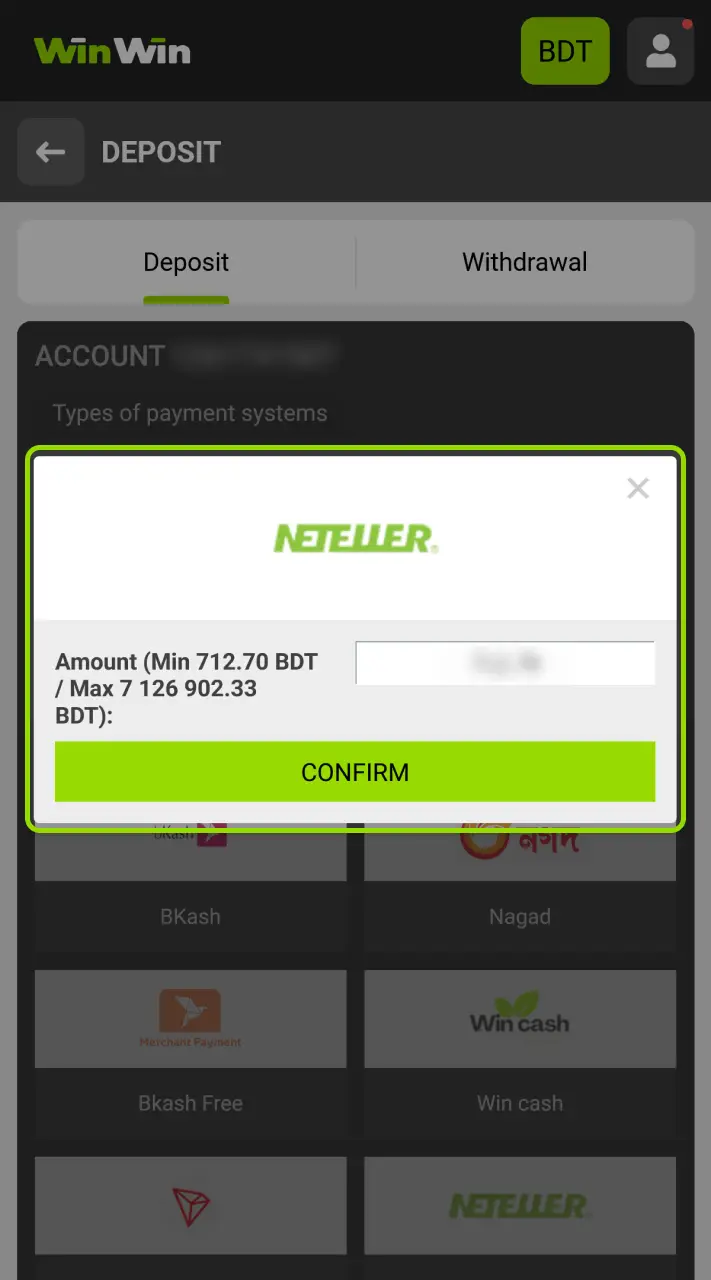 Add funds to your WinWin account.