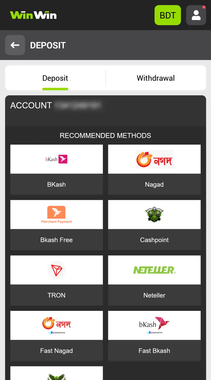 Deposit funds into your WinWin account to place bets in Aviator.