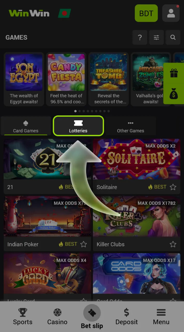 Find the Lotteries icon in the top menu bar of WinWin.