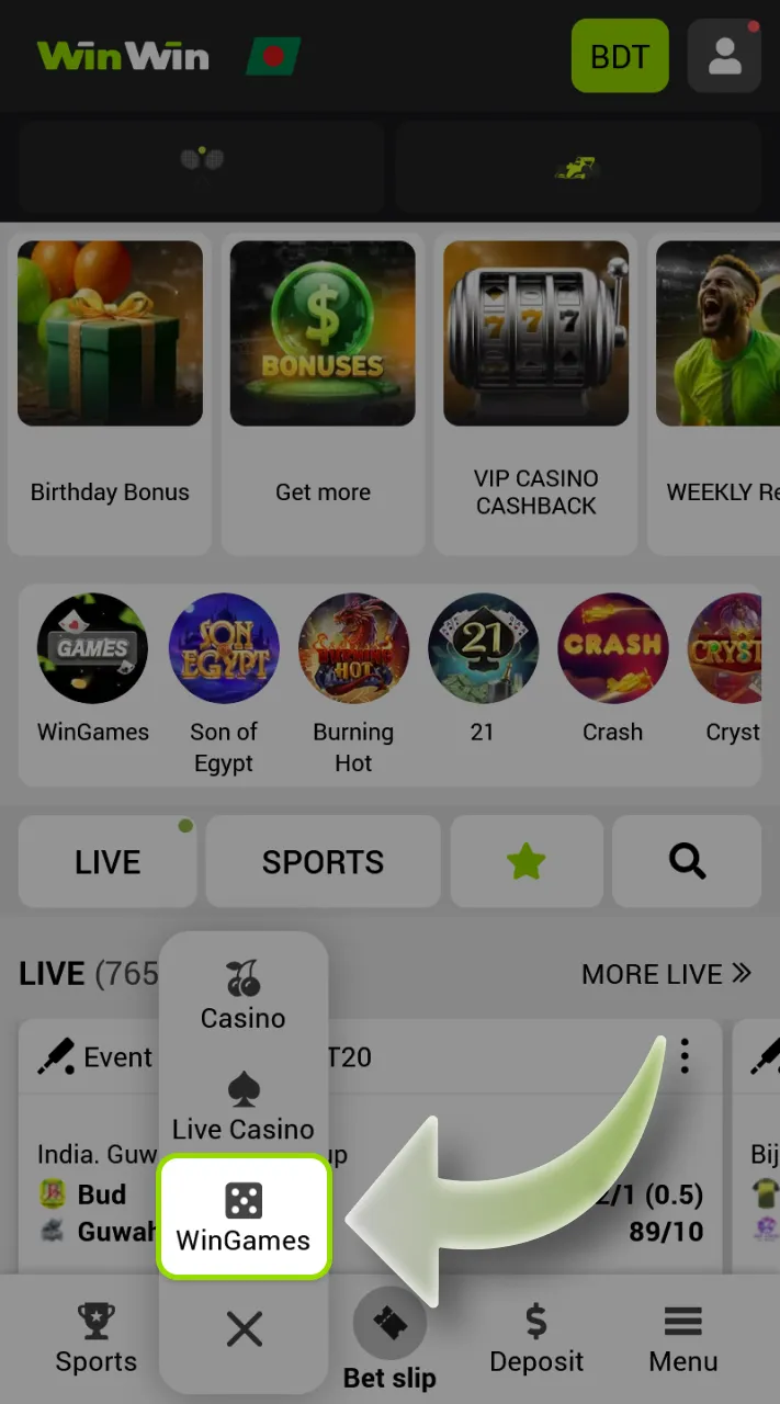 Navigate to the Wingames section on WinWin.